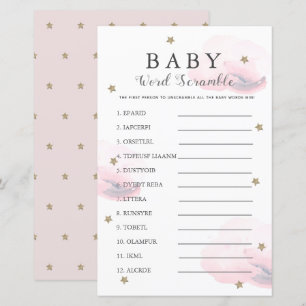 Papier Étoiles & Nuages Mot Scramble Baby shower Jeu rose