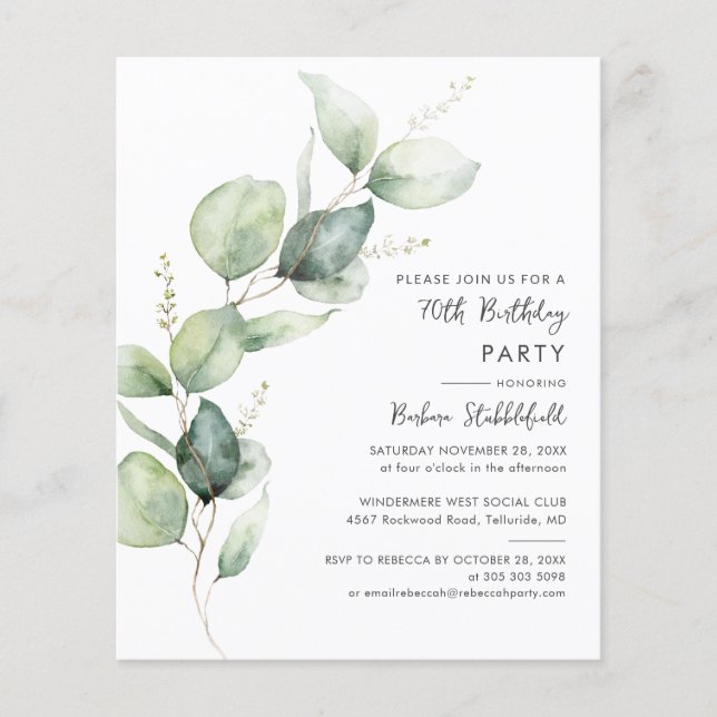 Papier Eucalyptus 70e anniversaire de fête Budget Invitat (Devant)