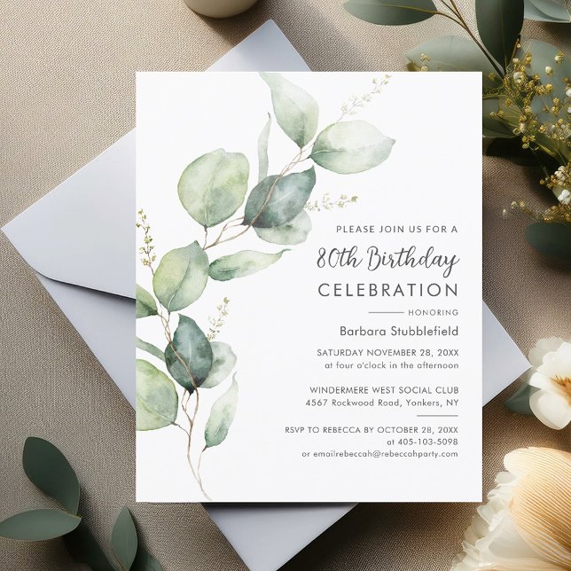 Papier Eucalyptus 80e anniversaire de fête Invitation (80th Birthday Party Sage Green Eucalyptus Block Stem Budget Invitation)
