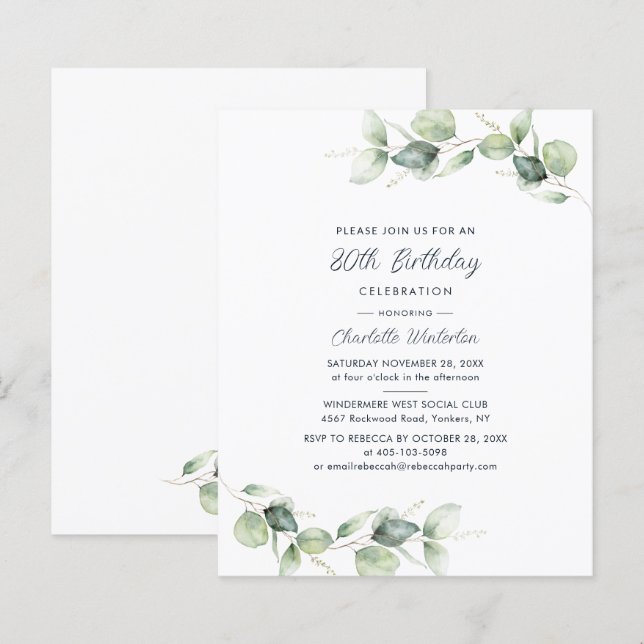Papier Eucalyptus 80e anniversaire de fête Invitation (Devant / Derrière)
