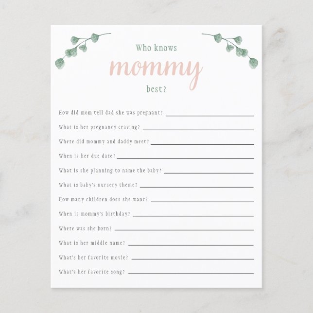 Papier Eucalyptus Baby shower Qui Connaît Mommy Meilleur  (Devant)