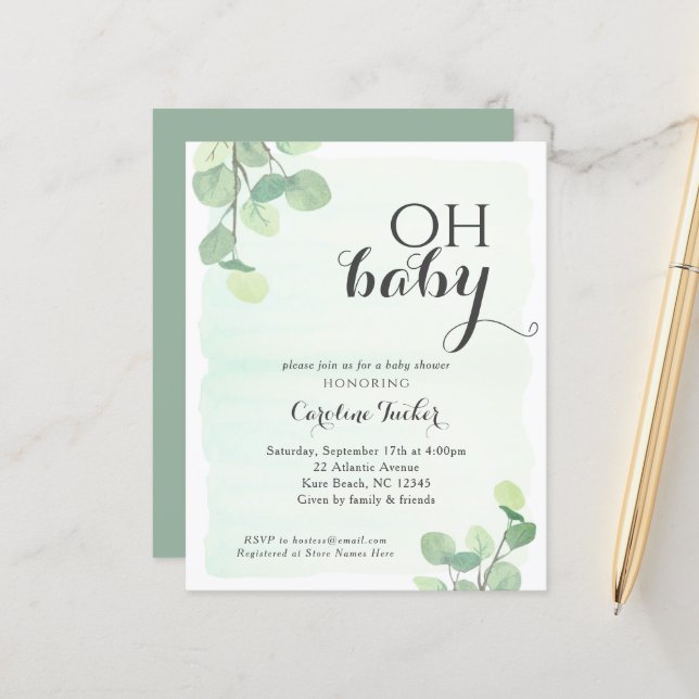 Papier Eucalyptus Budget OH Baby shower Invitation (Devant/Arrière en situation)