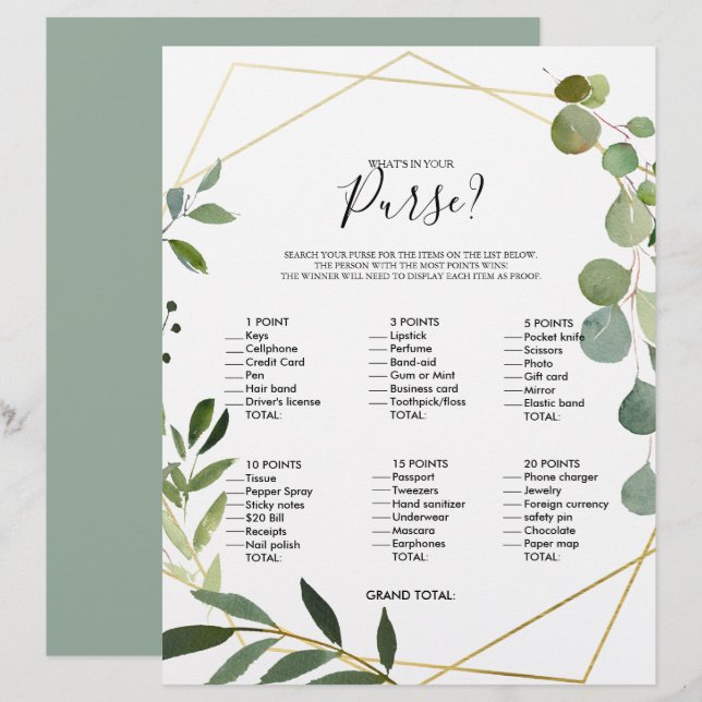Papier Eucalyptus Ce qui est dans votre jeu de Fête des m (Devant / Derrière)