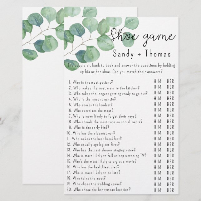 Papier Eucalyptus - Chaussure jeu de douche nuptiale (Devant / Derrière)