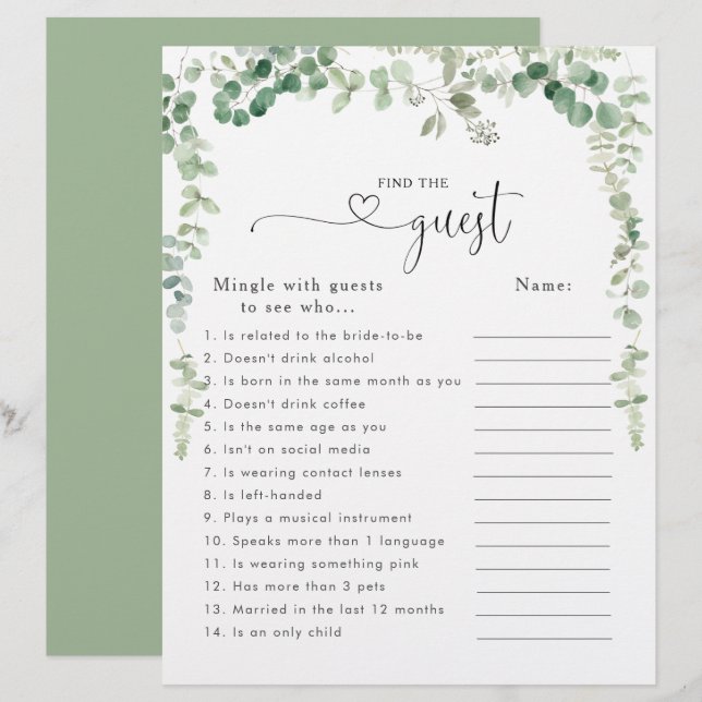Papier Eucalyptus Fête des mariées Trouvez le jeu d'invit (Devant / Derrière)