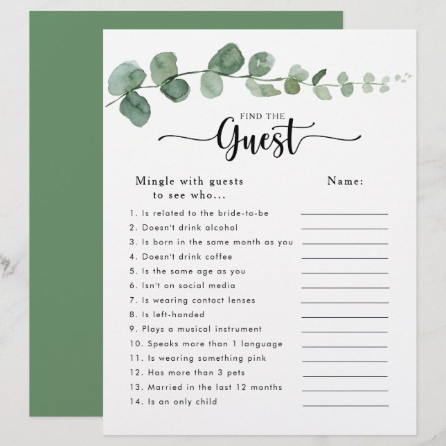 Papier Eucalyptus Fête des mariées Trouvez le jeu d'invit (Devant / Derrière)