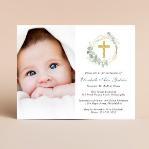 Papier Eucalyptus Gold Cross Photo Baptême Invitation