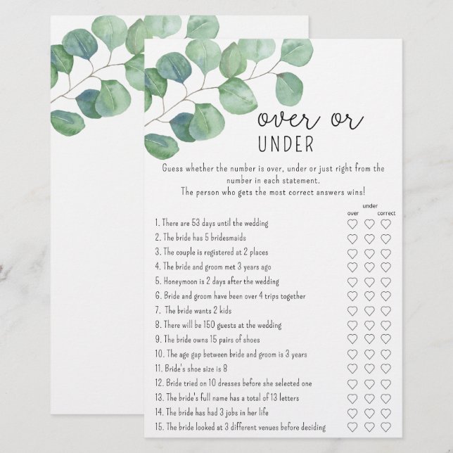 Papier Eucalyptus - Jeu de douche sous ou sur la nuptiale (Devant / Derrière)