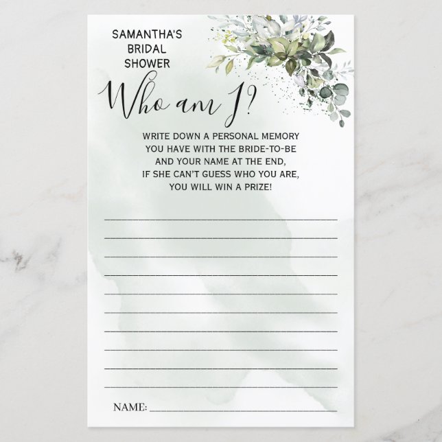 Papier Eucalyptus Qui suis-je douche nuptiale jeu bilingu (Devant)