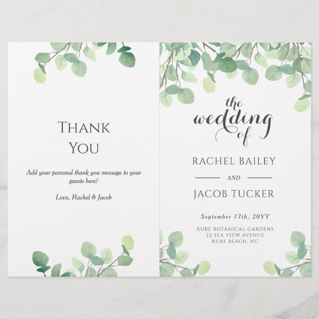 Papier Eucalyptus Verdure Script de mariage floral (Devant)