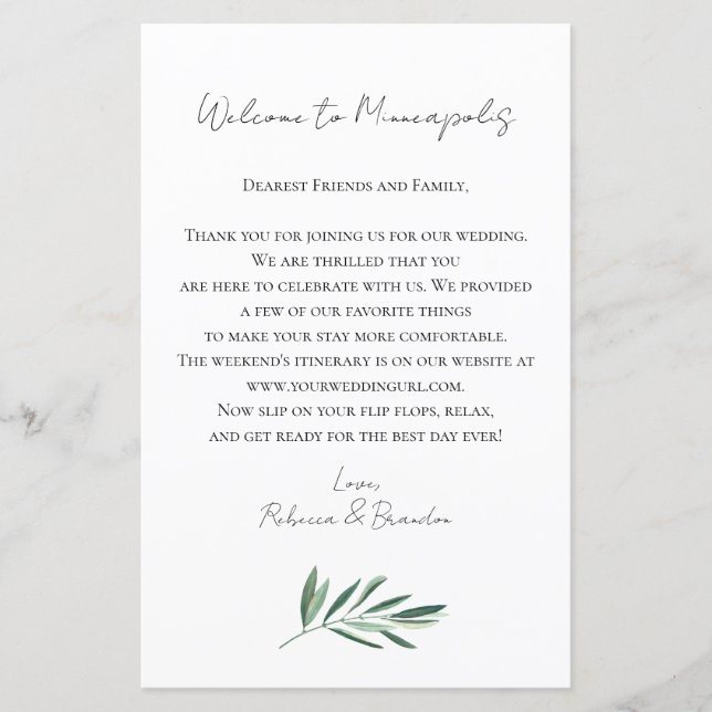 Papier Eucalyptus Wedding Welcome Bag Letter (Devant)