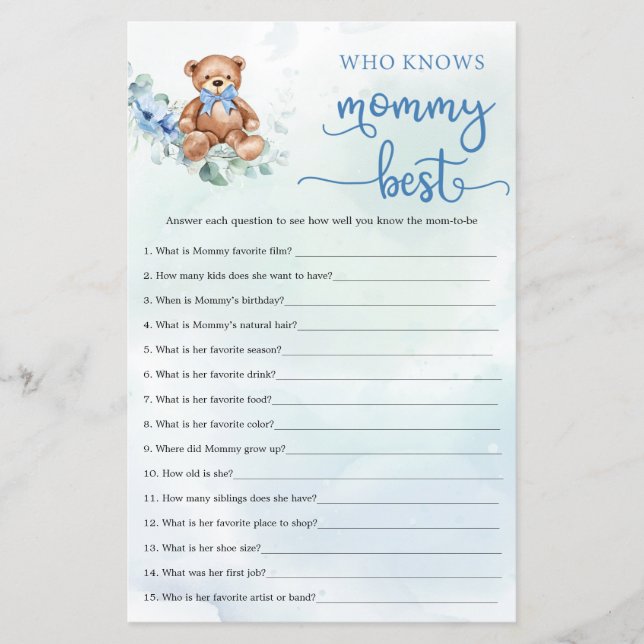 Papier Eucalyptus Wreath Teddy Bear Boy Baby shower jeu (Devant)