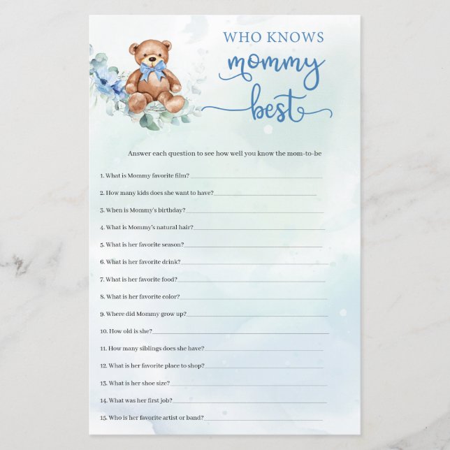 Papier Eucalyptus Wreath Teddy Bear Boy Baby shower jeu (Devant)