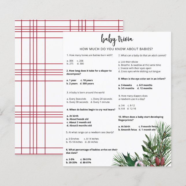 Papier Evergreen Snow Baby Quiz | Jeu de Baby Shower (Devant / Derrière)