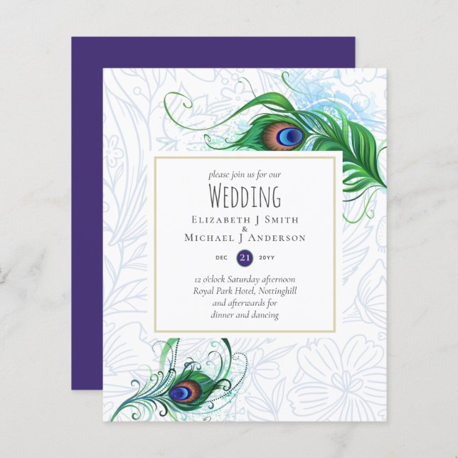 Papier Exotic PEACOCK Feather Mariage Inviter BUDGET (Devant / Derrière)