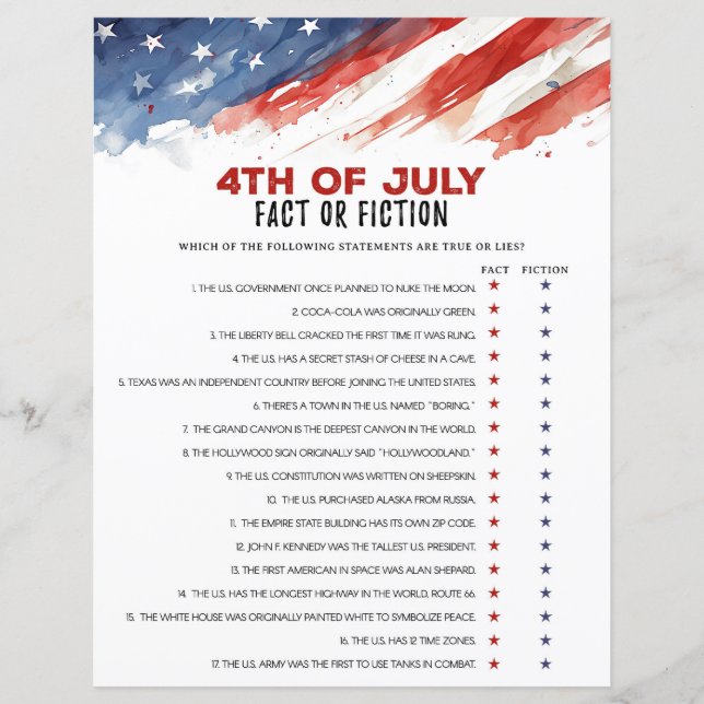 Papier Fact ou fiction 4 juillet jeu de parti (Devant)