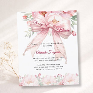 Papier Faire-part de Baby Shower fille fleurs roses en nœ