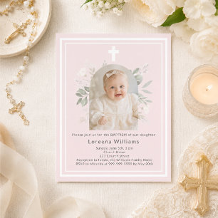 Papier Faire-part de baptême fille fleurs photo rose tend