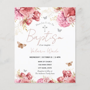 Papier Faire-part de baptême papillons floraux roses pour