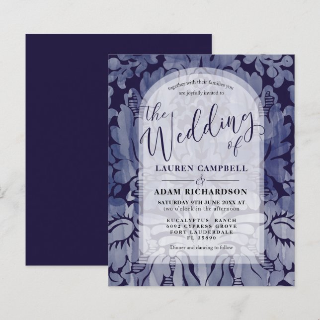 Papier Faire-part de mariage à arche en damas bleu marine (Devant / Derrière)