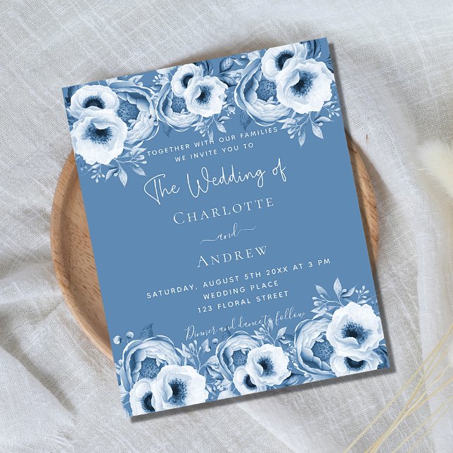 Papier Faire-part de mariage à budget chic floral bleu-du (Créateur téléchargé)