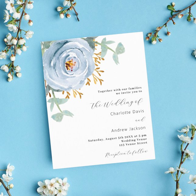 Papier Faire-part de mariage à budget floral bleu poussié (Créateur téléchargé)