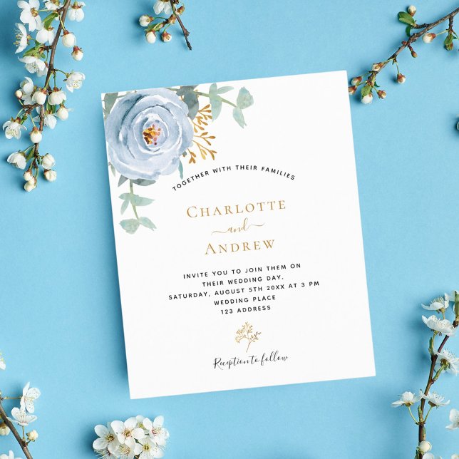 Papier Faire-part de mariage à budget floral bleu poussié (Créateur téléchargé)