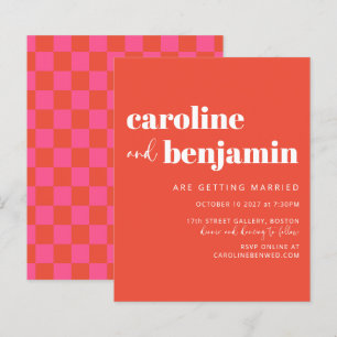 Papier Faire-Part de Mariage à Carreaux Orange Gras sur B