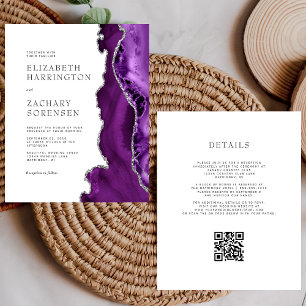 Papier Faire-part de mariage à code QR argent Agate Viole