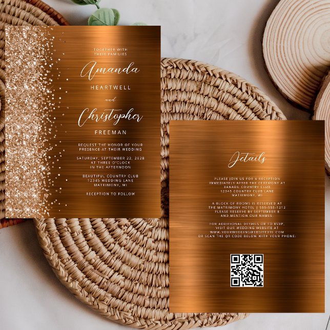 Papier Faire-part de mariage à code QR Budget Copper Glam (Créateur téléchargé)