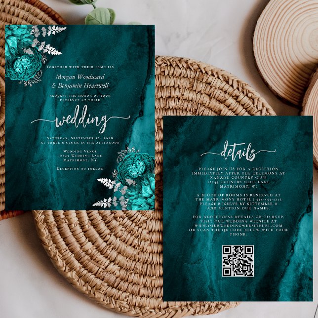 Papier Faire-part de mariage à code QR floral argent sarc (Créateur téléchargé)