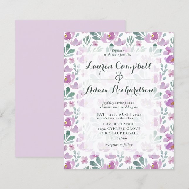 Papier Faire-part de mariage à l'aquarelle florale budgét (Devant / Derrière)