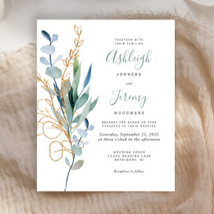 Papier Faire-part de mariage aquarelle dorée à motif euca