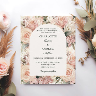 Papier Faire-part de mariage aux florales ivoire rose pou