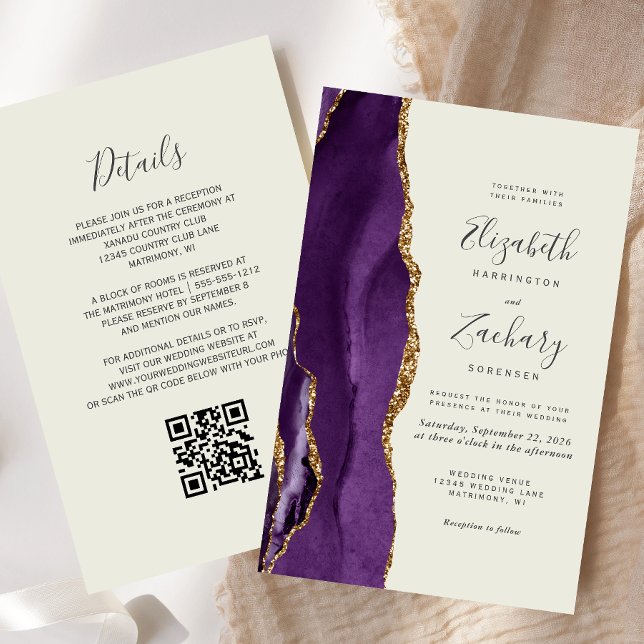 Papier Faire-part de mariage avec code QR Agate Violet Bu (Créateur téléchargé)