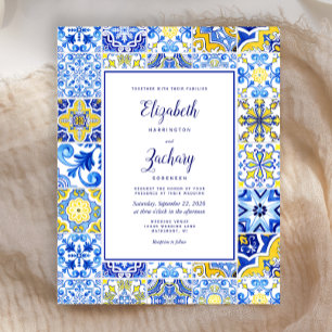 Papier Faire-part de mariage bleu jaune carreaux portugai