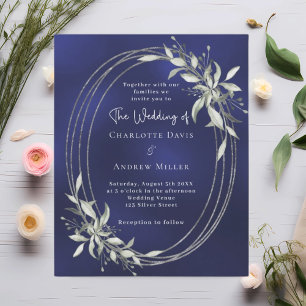 Papier Faire-part de mariage bleu marine argenté verdure
