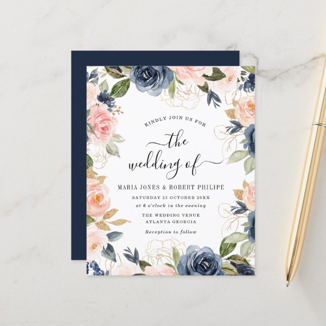 Papier faire-part de mariage bleu marine et rose en écrit (Devant/Arrière en situation)