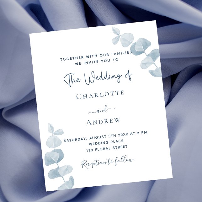 Papier Faire-part de mariage budget eucalyptus bleu blanc (Créateur téléchargé)