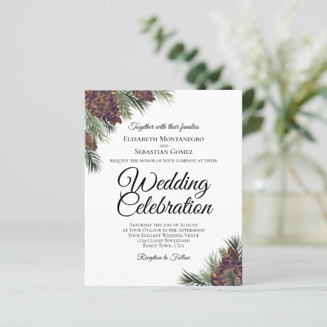 Papier Faire-part de mariage BUDGET Rustique Pinecones (Debout devant)