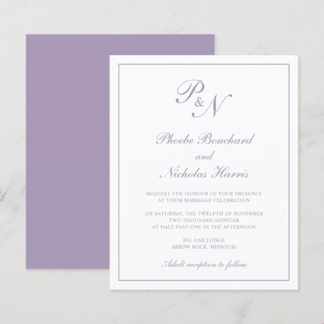 Papier Faire-part de mariage budgétaire Dusty Purple Mono (Devant / Derrière)