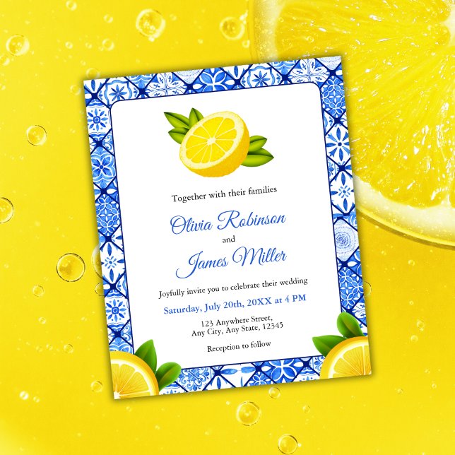 Papier Faire-part de mariage Citron Carrelage Méditerrané (Budget Mediterranean Italian Blue Tile - Lemon Wedding Invitation  )