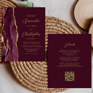 Papier Faire-part de mariage Code QR Agate Or Bourgogne p