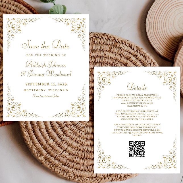 Papier Faire-part de mariage Code QR Feuillage Script Or  (Créateur téléchargé)