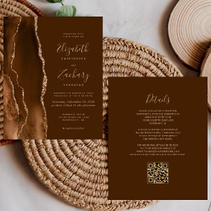 Papier Faire-part de mariage Code QR Marron Agate Or Moch