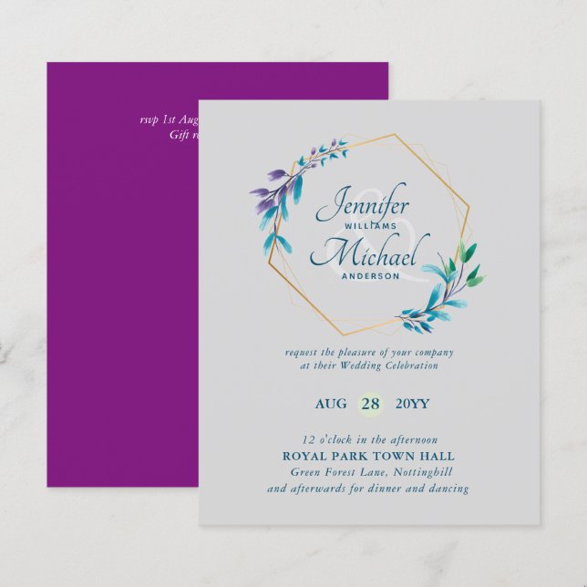 Papier Faire-part de mariage Couronne Teal Violet Or BUDG (Devant / Derrière)