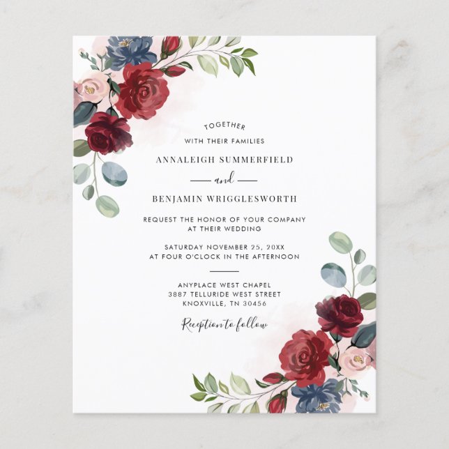 Papier Faire-part de mariage d'aquarelle florale de Bourg (Devant)