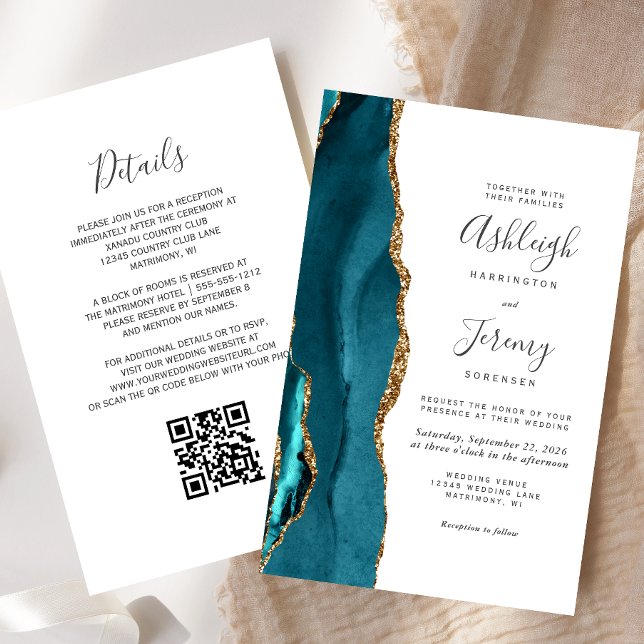 Papier Faire-part de mariage de code QR Gold Turquoise (Créateur téléchargé)