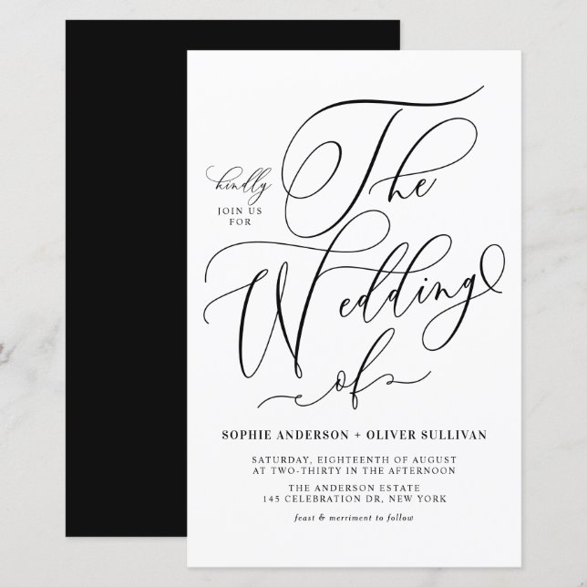 Papier Faire-part de mariage de script noir Whimsical (Devant / Derrière)