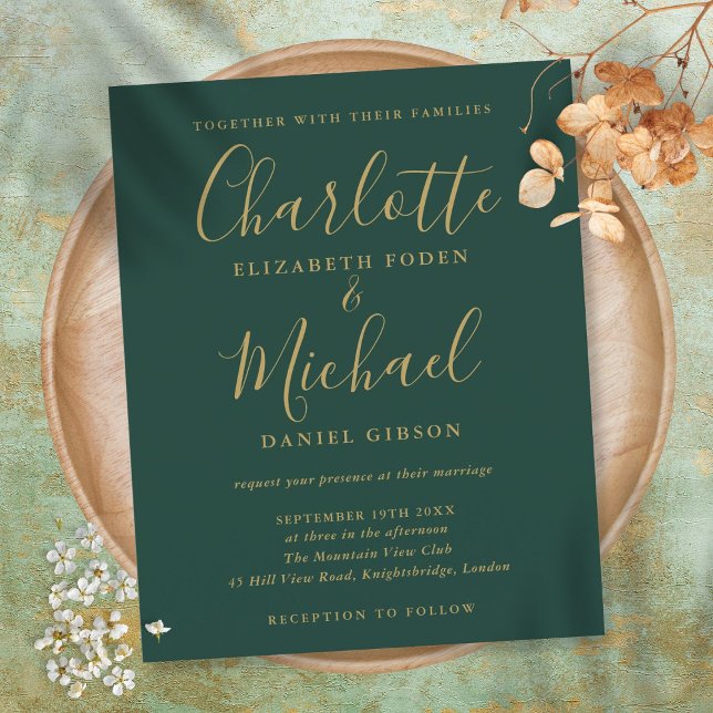 Papier Faire-part de mariage De Script Vert Et Or Budget (Créateur téléchargé)